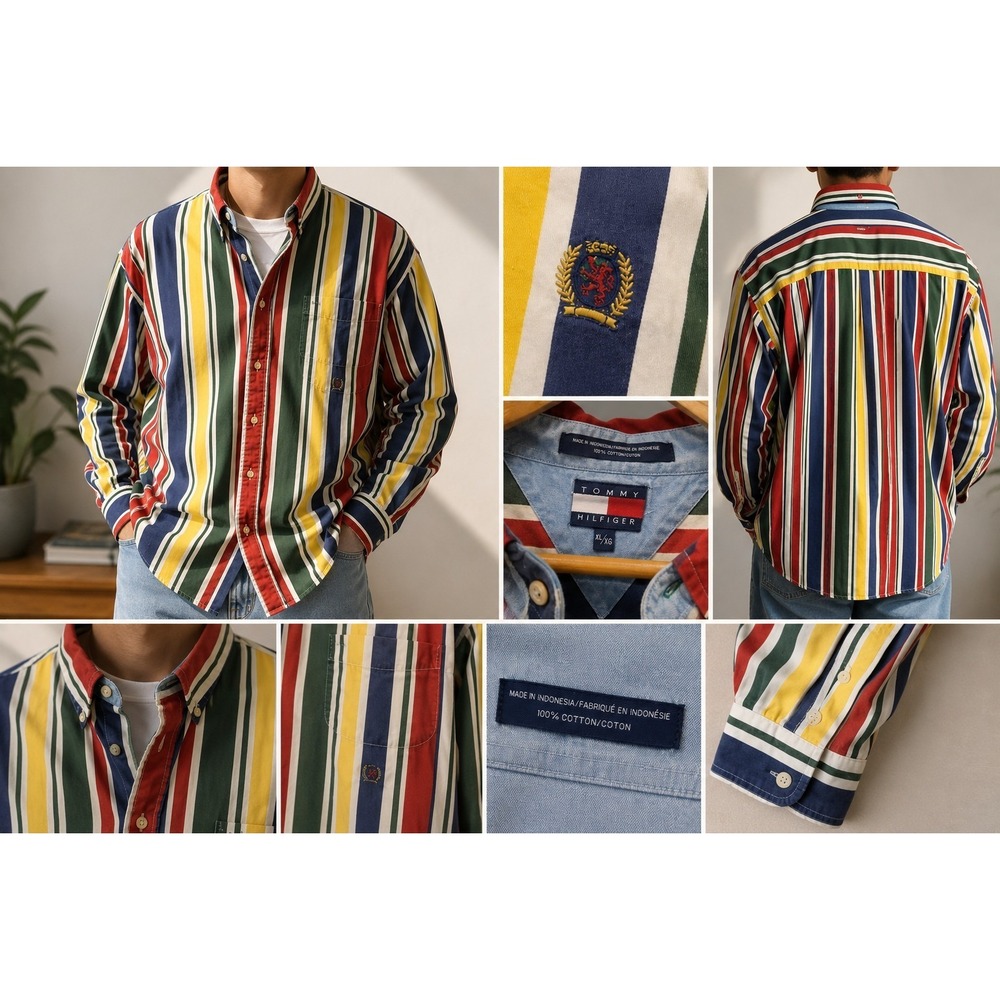 Tommy Hilfiger Vintage Men's XL Multicolor Striped Button Front Shirt Crest Logo